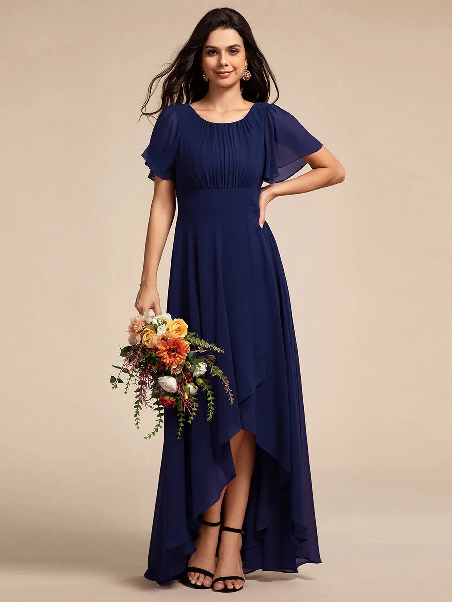 Elegant Round Neck Ruffles Sleeve Chiffon Evening Dresses with Asymmetrical Hem