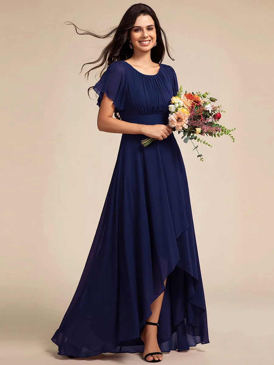 Elegant Round Neck Ruffles Sleeve Chiffon Evening Dresses with Asymmetrical Hem