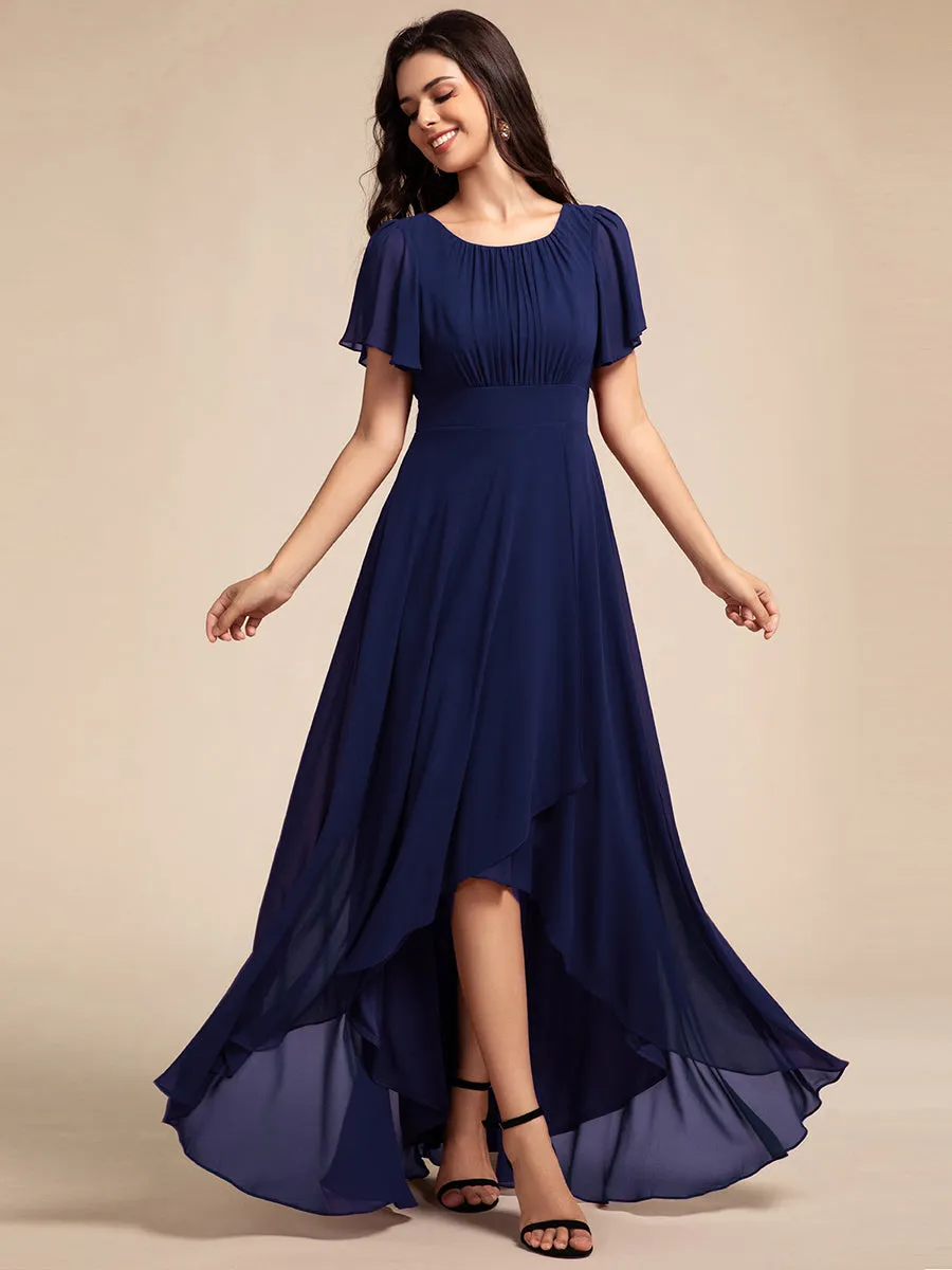 Elegant Round Neck Ruffles Sleeve Chiffon Evening Dresses with Asymmetrical Hem