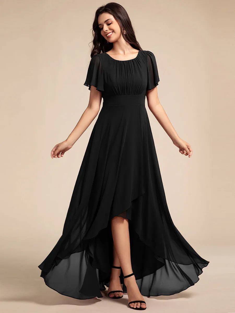 Elegant Round Neck Ruffles Sleeve Chiffon Evening Dresses with Asymmetrical Hem