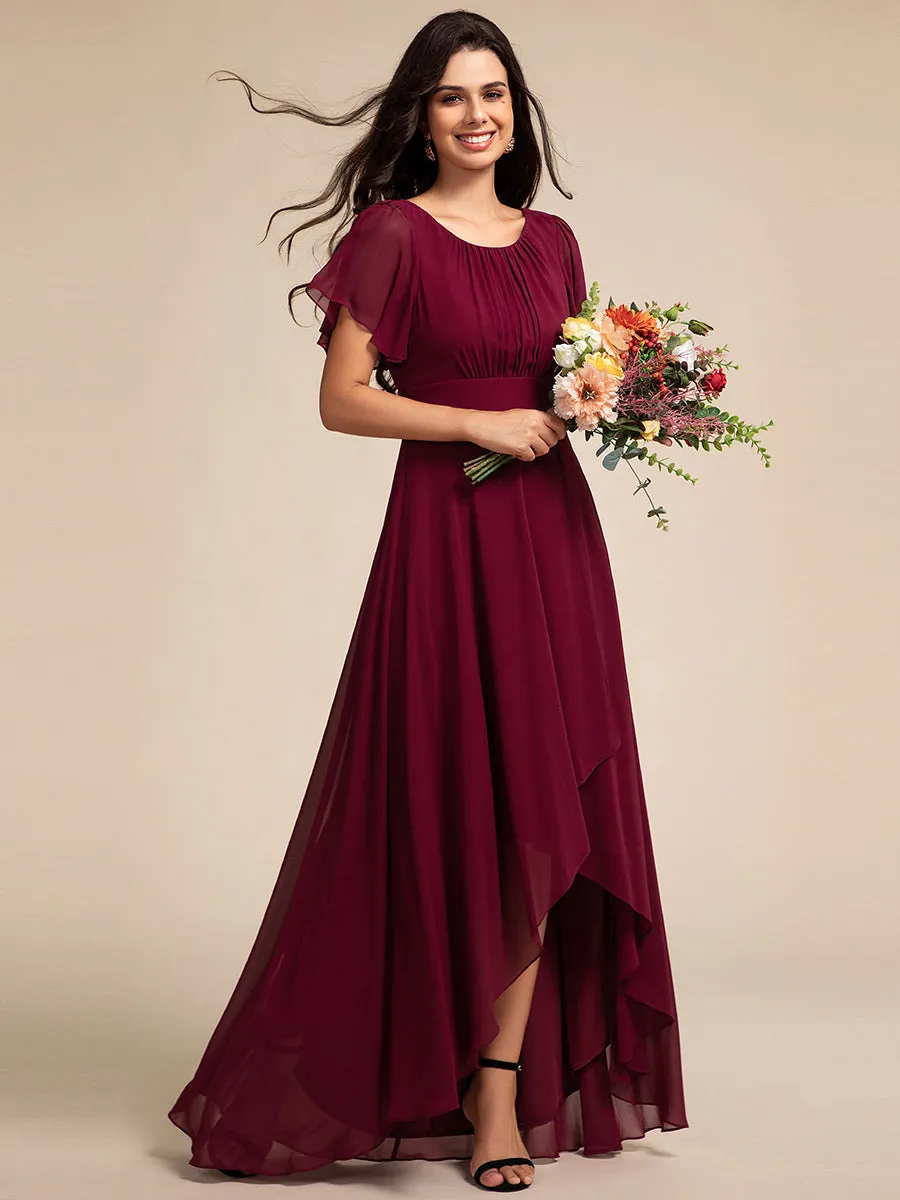 Elegant Round Neck Ruffles Sleeve Chiffon Evening Dresses with Asymmetrical Hem