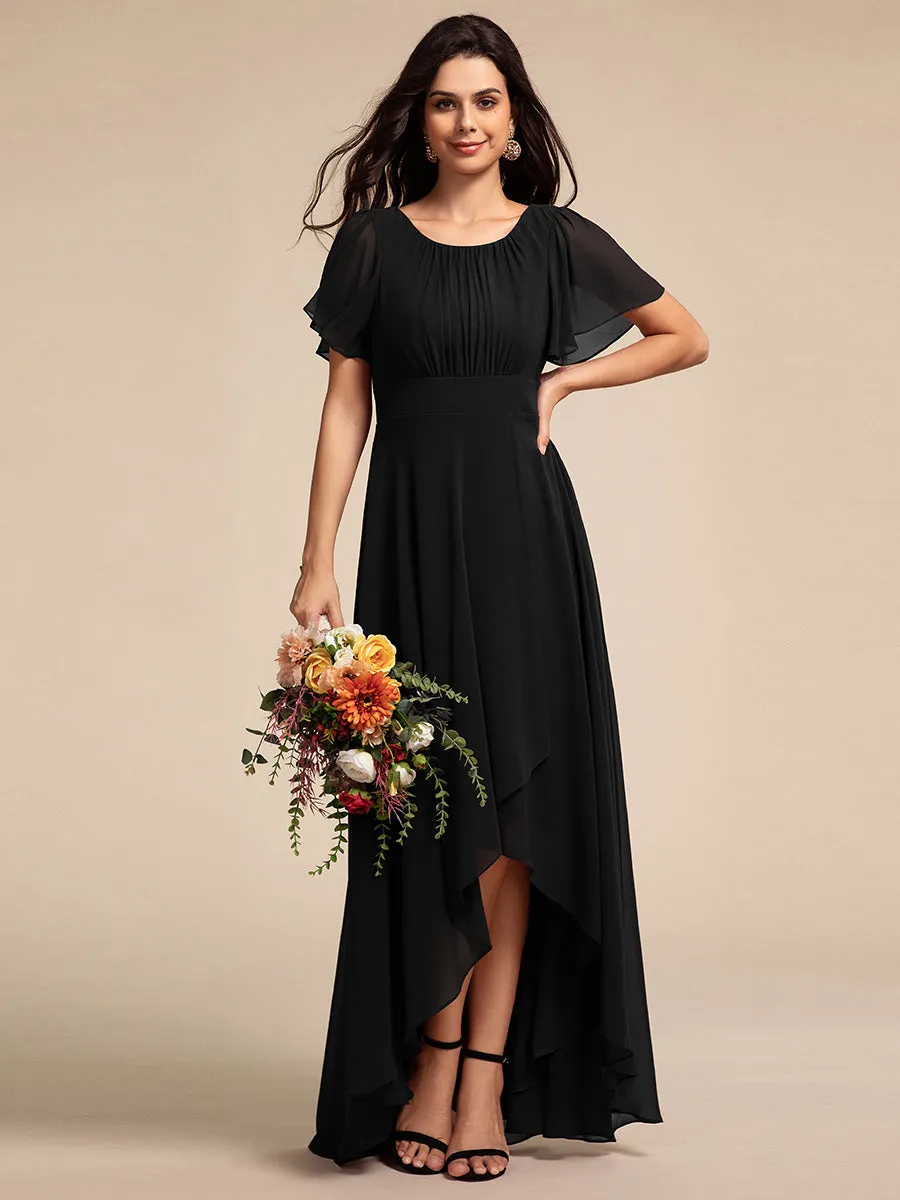 Elegant Round Neck Ruffles Sleeve Chiffon Evening Dresses with Asymmetrical Hem