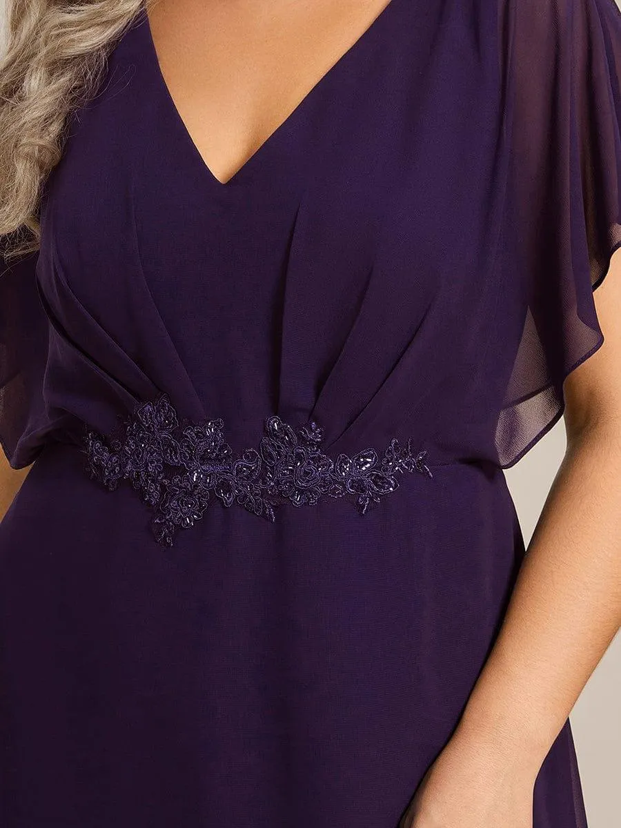 Elegant Short Sleeves A-Line Waist Applique Formal Dress with Lotus Leaf Hem