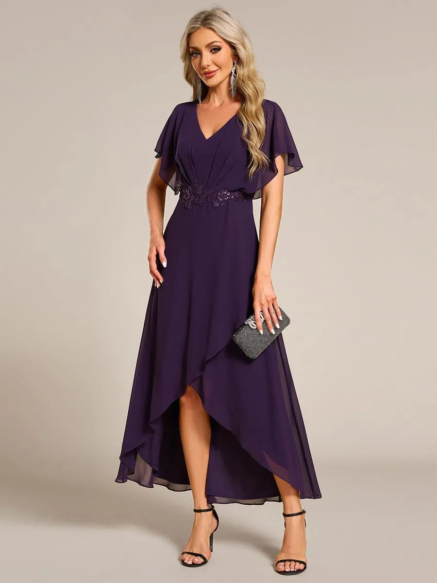 Elegant Short Sleeves A-Line Waist Applique Formal Dress with Lotus Leaf Hem