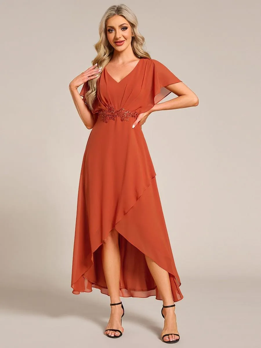 Elegant Short Sleeves A-Line Waist Applique Formal Dress with Lotus Leaf Hem