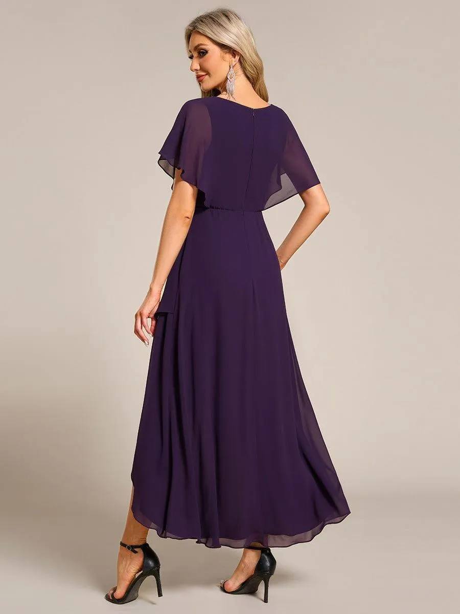 Elegant Short Sleeves A-Line Waist Applique Formal Dress with Lotus Leaf Hem