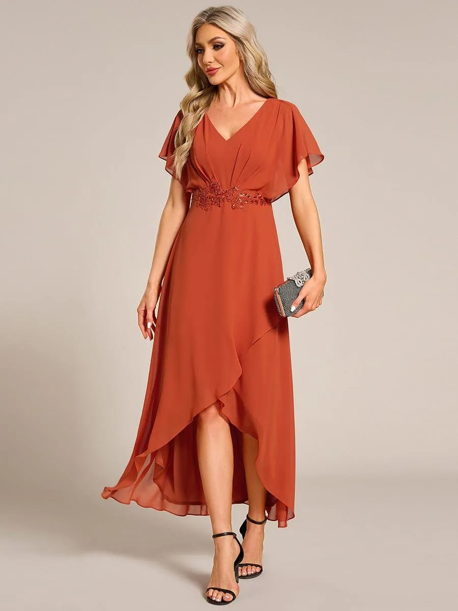 Elegant Short Sleeves A-Line Waist Applique Formal Dress with Lotus Leaf Hem
