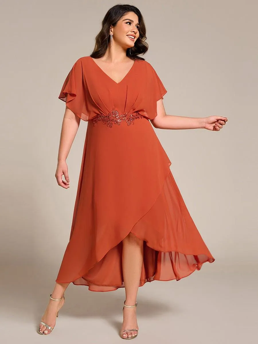 Elegant Short Sleeves A-Line Waist Applique Formal Dress with Lotus Leaf Hem