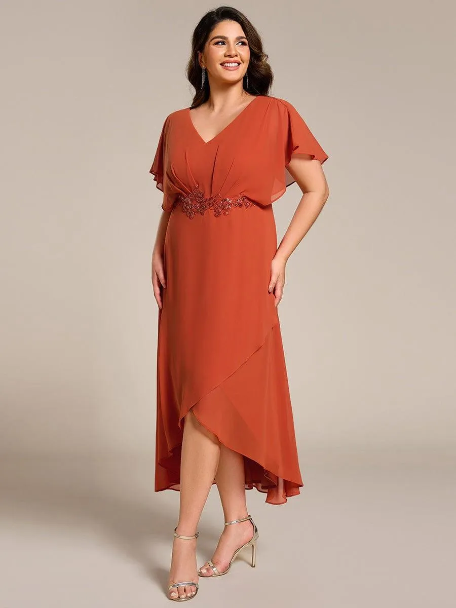 Elegant Short Sleeves A-Line Waist Applique Formal Dress with Lotus Leaf Hem