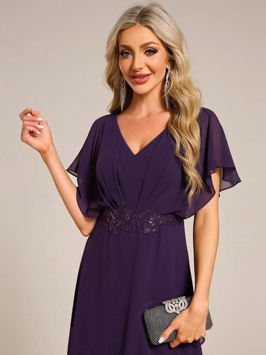 Elegant Short Sleeves A-Line Waist Applique Formal Dress with Lotus Leaf Hem