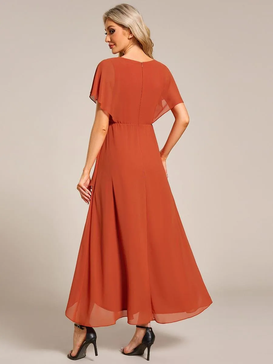 Elegant Short Sleeves A-Line Waist Applique Formal Dress with Lotus Leaf Hem