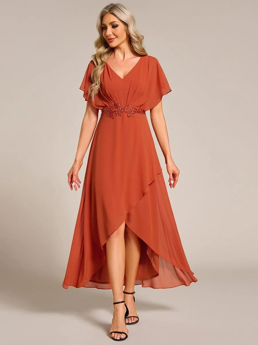 Elegant Short Sleeves A-Line Waist Applique Formal Dress with Lotus Leaf Hem
