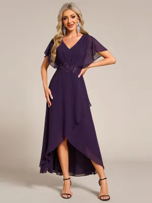 Elegant Short Sleeves A-Line Waist Applique Formal Dress with Lotus Leaf Hem
