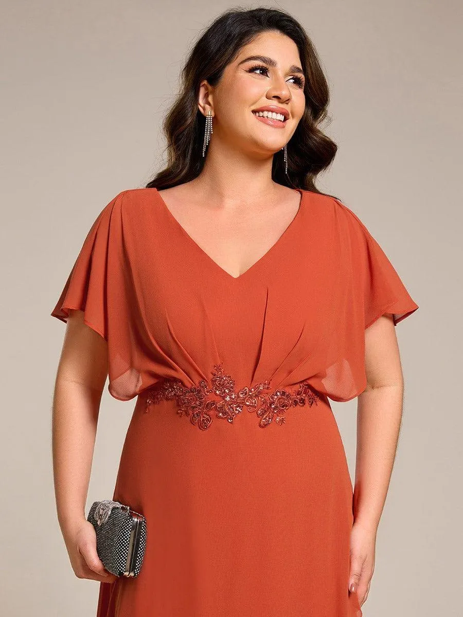 Elegant Short Sleeves A-Line Waist Applique Formal Dress with Lotus Leaf Hem