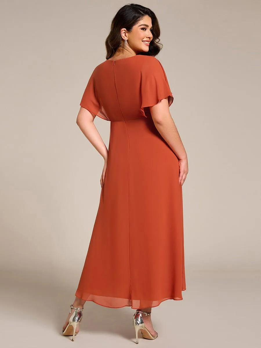 Elegant Short Sleeves A-Line Waist Applique Formal Dress with Lotus Leaf Hem
