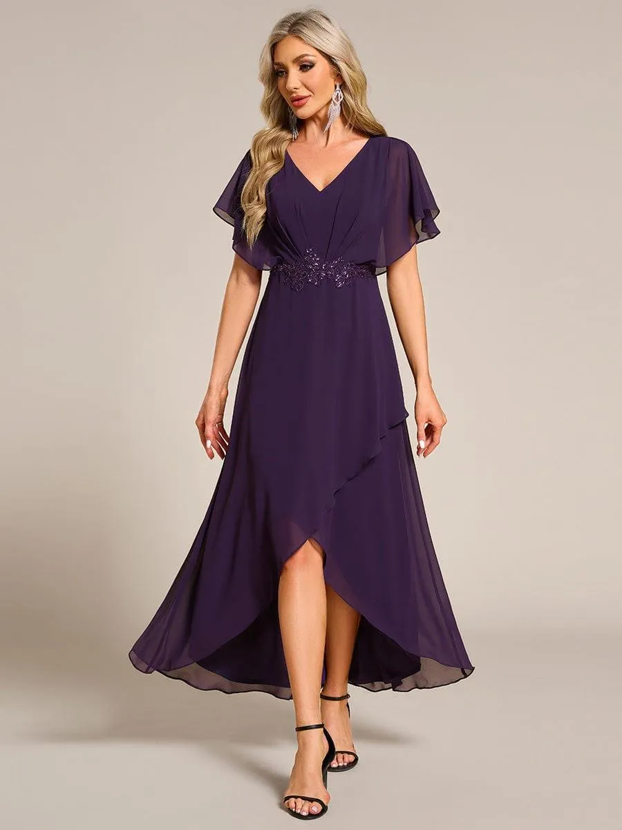 Elegant Short Sleeves A-Line Waist Applique Formal Dress with Lotus Leaf Hem