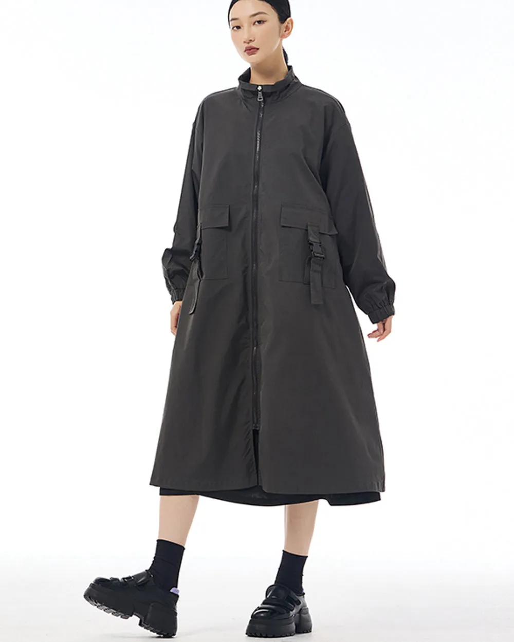 ellazhu Women's Coat High Neck Long Sleeve Zipper Solid Color Pocket Loose Casual Jacket GE34