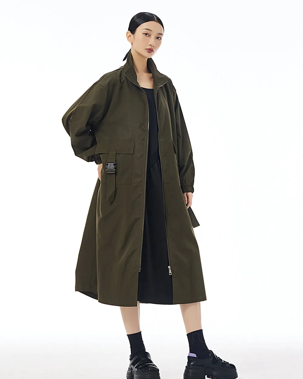 ellazhu Women's Coat High Neck Long Sleeve Zipper Solid Color Pocket Loose Casual Jacket GE34