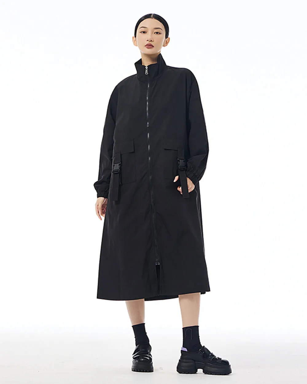 ellazhu Women's Coat High Neck Long Sleeve Zipper Solid Color Pocket Loose Casual Jacket GE34