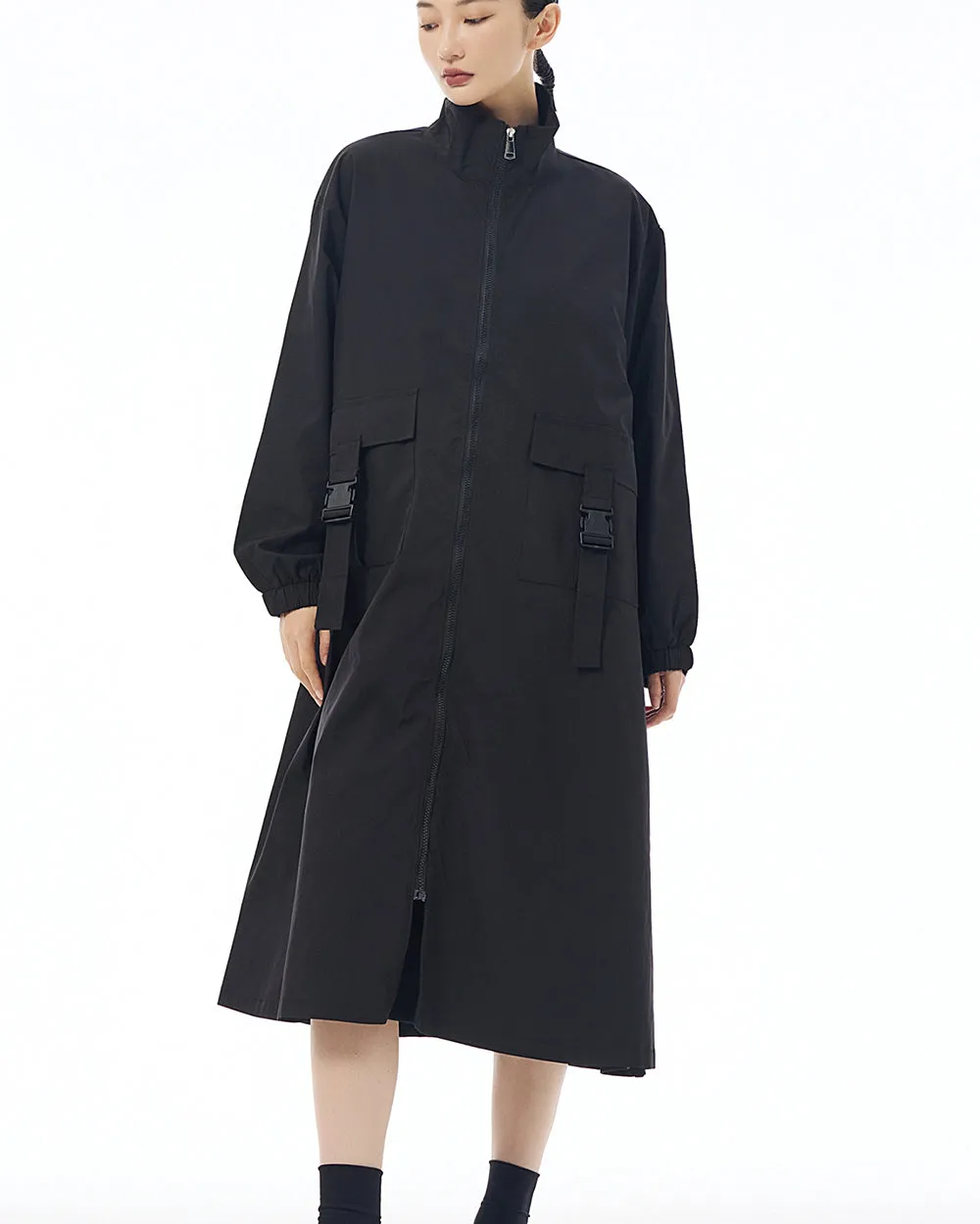 ellazhu Women's Coat High Neck Long Sleeve Zipper Solid Color Pocket Loose Casual Jacket GE34