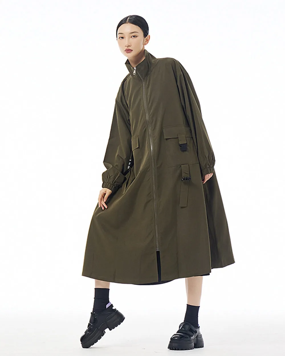 ellazhu Women's Coat High Neck Long Sleeve Zipper Solid Color Pocket Loose Casual Jacket GE34