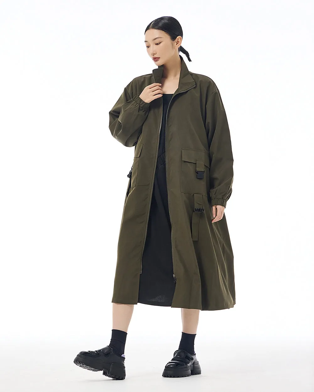 ellazhu Women's Coat High Neck Long Sleeve Zipper Solid Color Pocket Loose Casual Jacket GE34