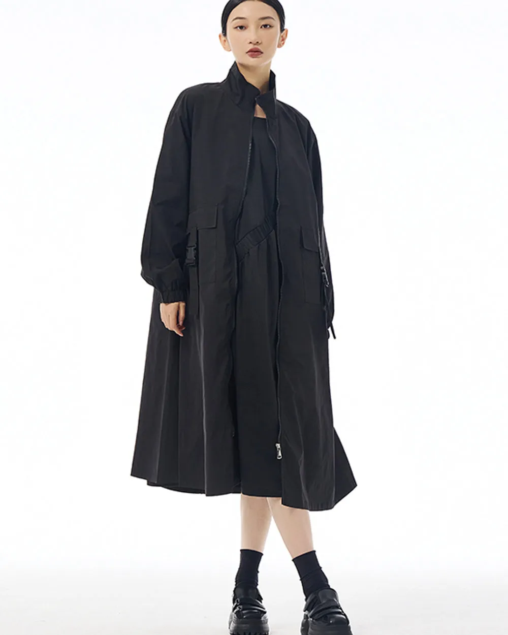 ellazhu Women's Coat High Neck Long Sleeve Zipper Solid Color Pocket Loose Casual Jacket GE34