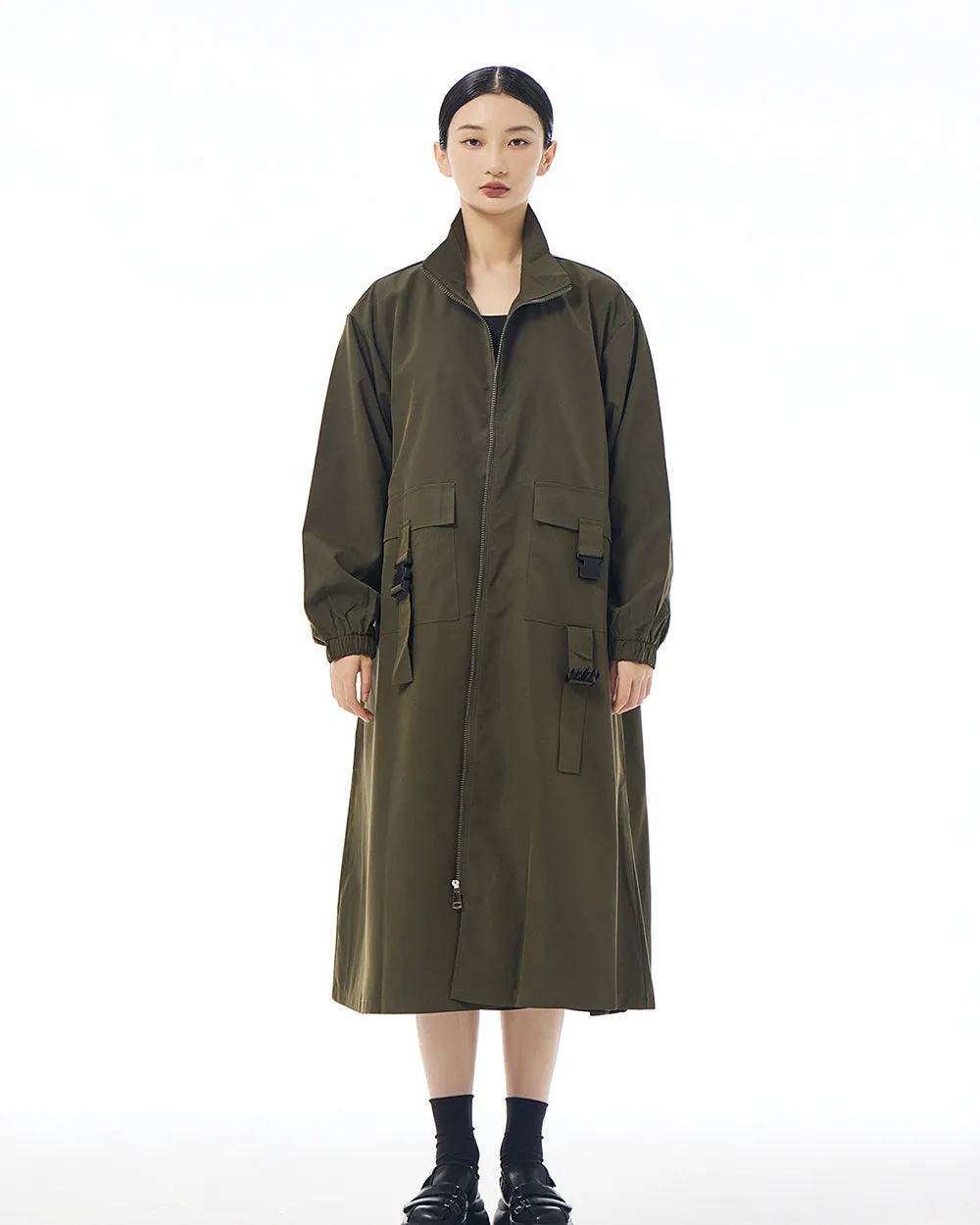 ellazhu Women's Coat High Neck Long Sleeve Zipper Solid Color Pocket Loose Casual Jacket GE34