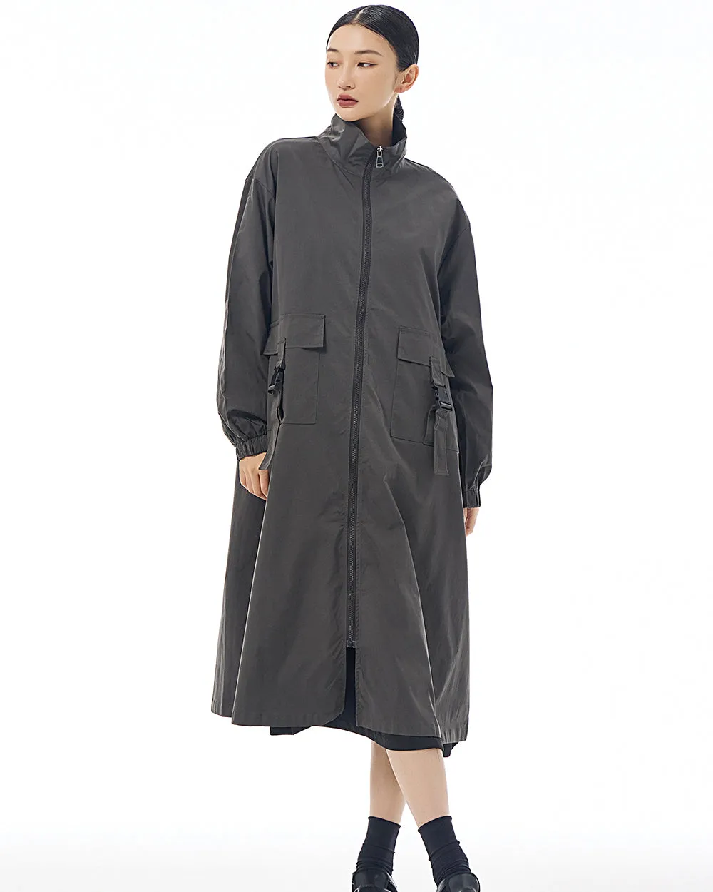 ellazhu Women's Coat High Neck Long Sleeve Zipper Solid Color Pocket Loose Casual Jacket GE34