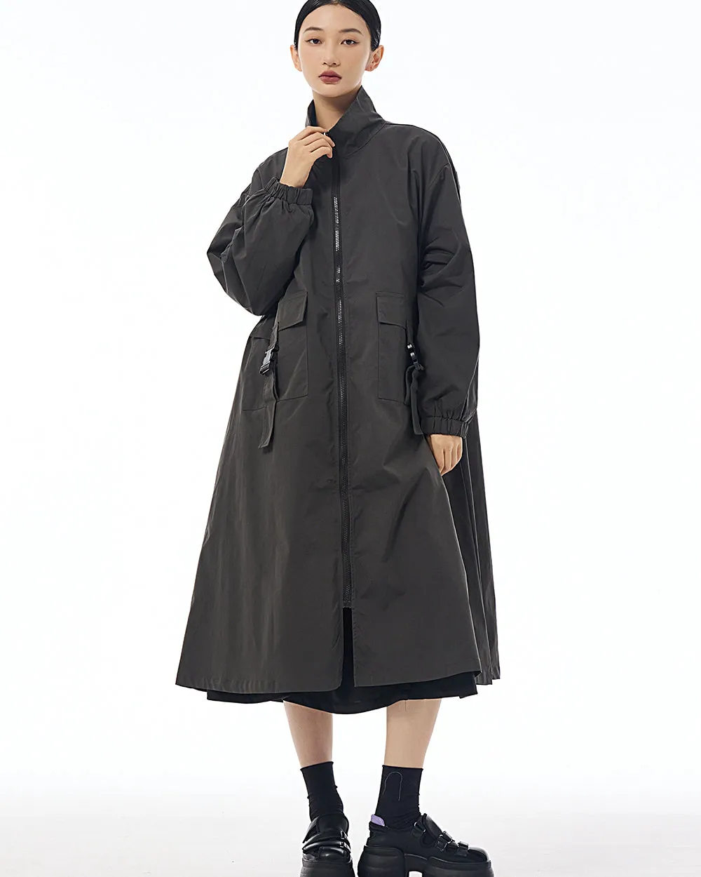 ellazhu Women's Coat High Neck Long Sleeve Zipper Solid Color Pocket Loose Casual Jacket GE34