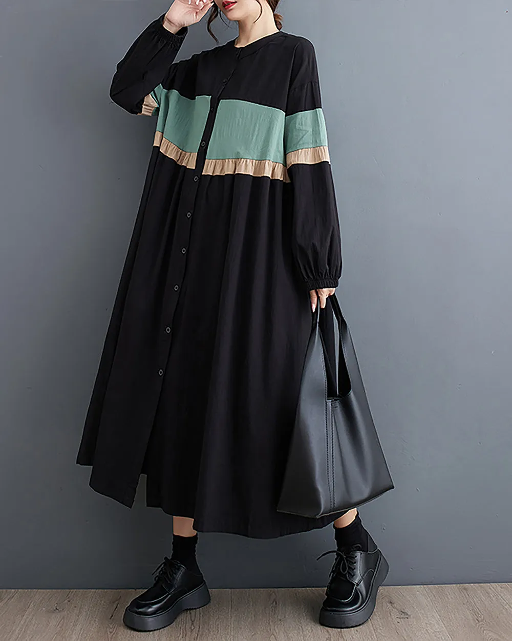 ellazhu Women's Dress Crewneck Button Down Long Sleeve Color Block Flowy Hem Below Knee Loose Oversize GZ275