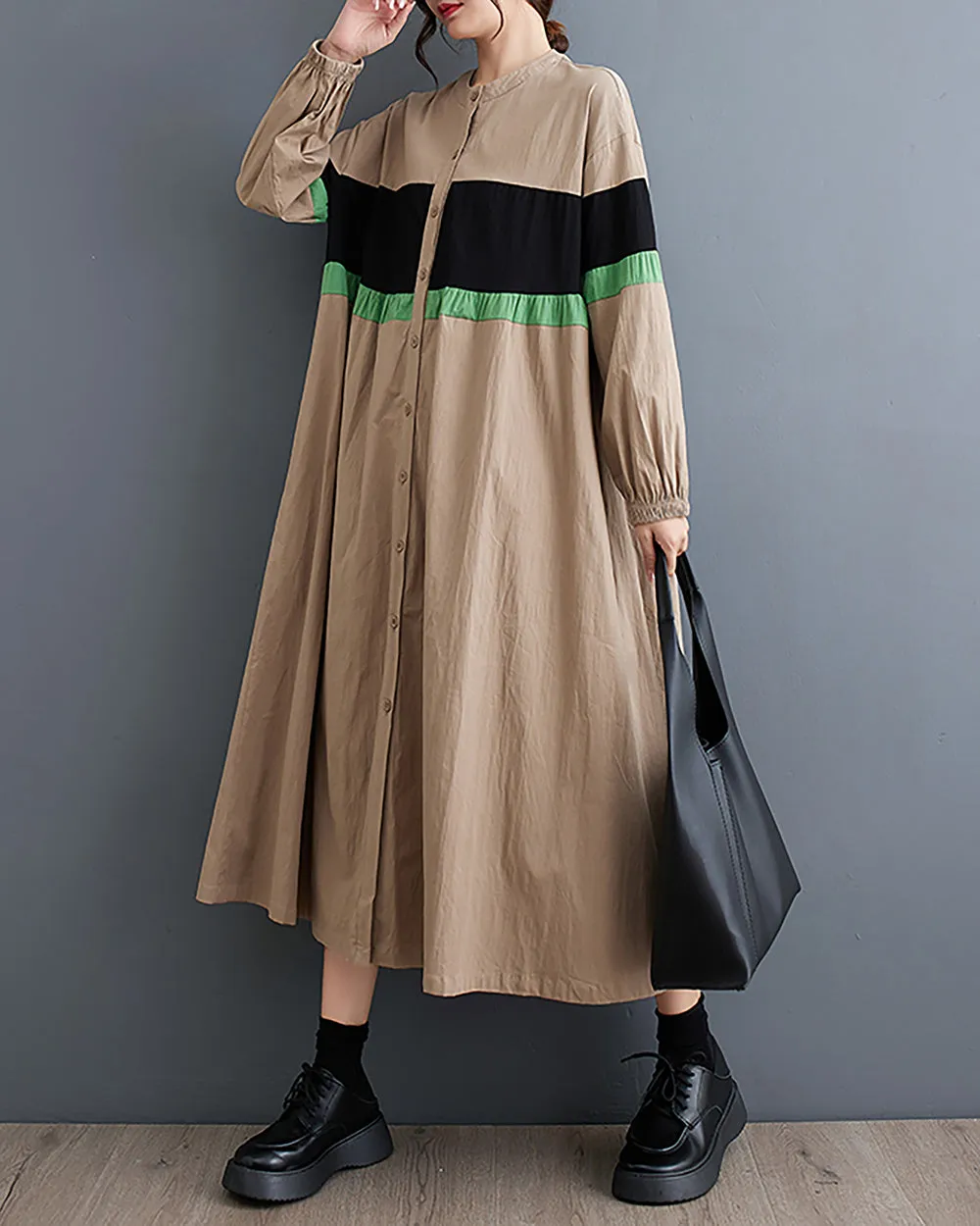 ellazhu Women's Dress Crewneck Button Down Long Sleeve Color Block Flowy Hem Below Knee Loose Oversize GZ275