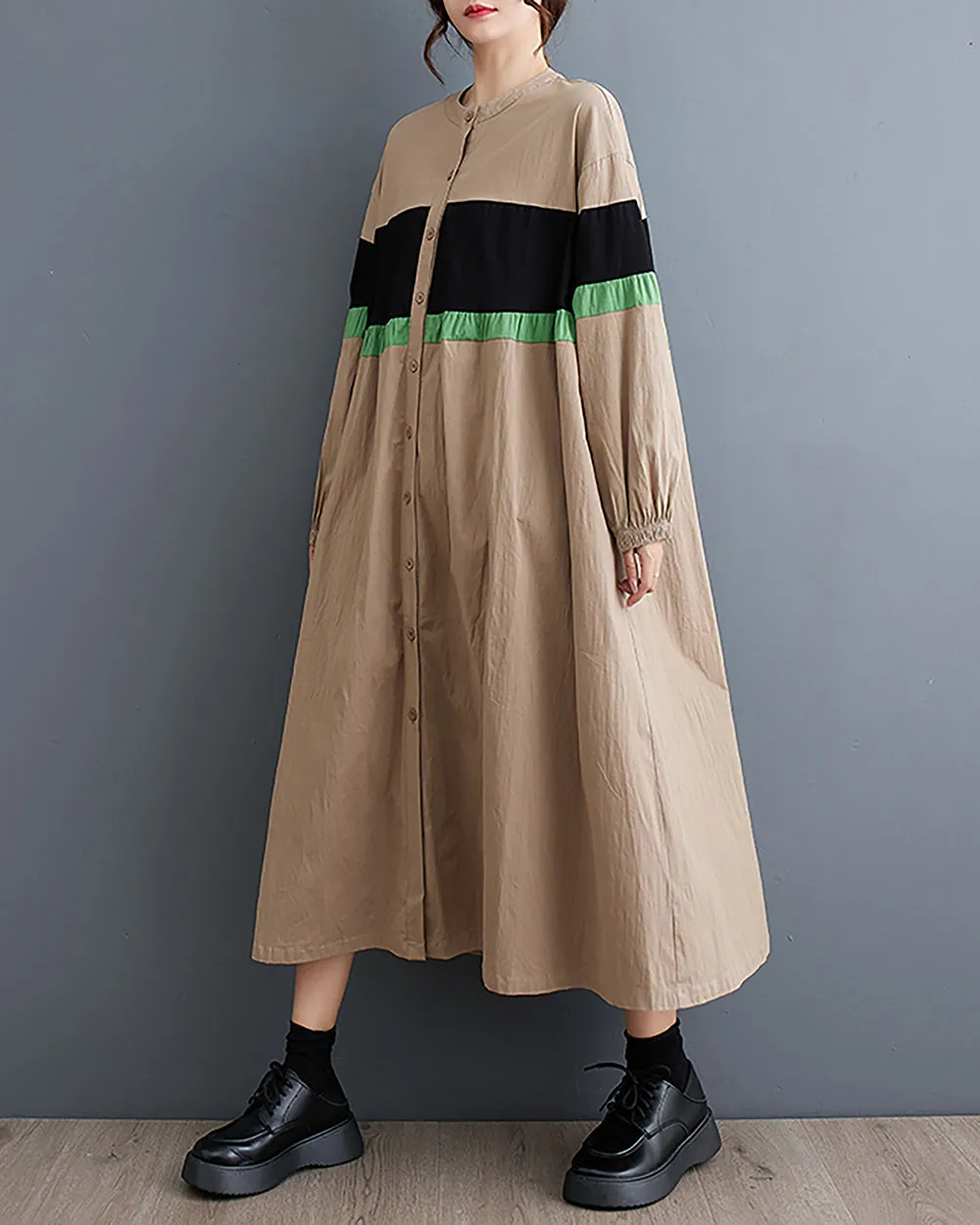 ellazhu Women's Dress Crewneck Button Down Long Sleeve Color Block Flowy Hem Below Knee Loose Oversize GZ275