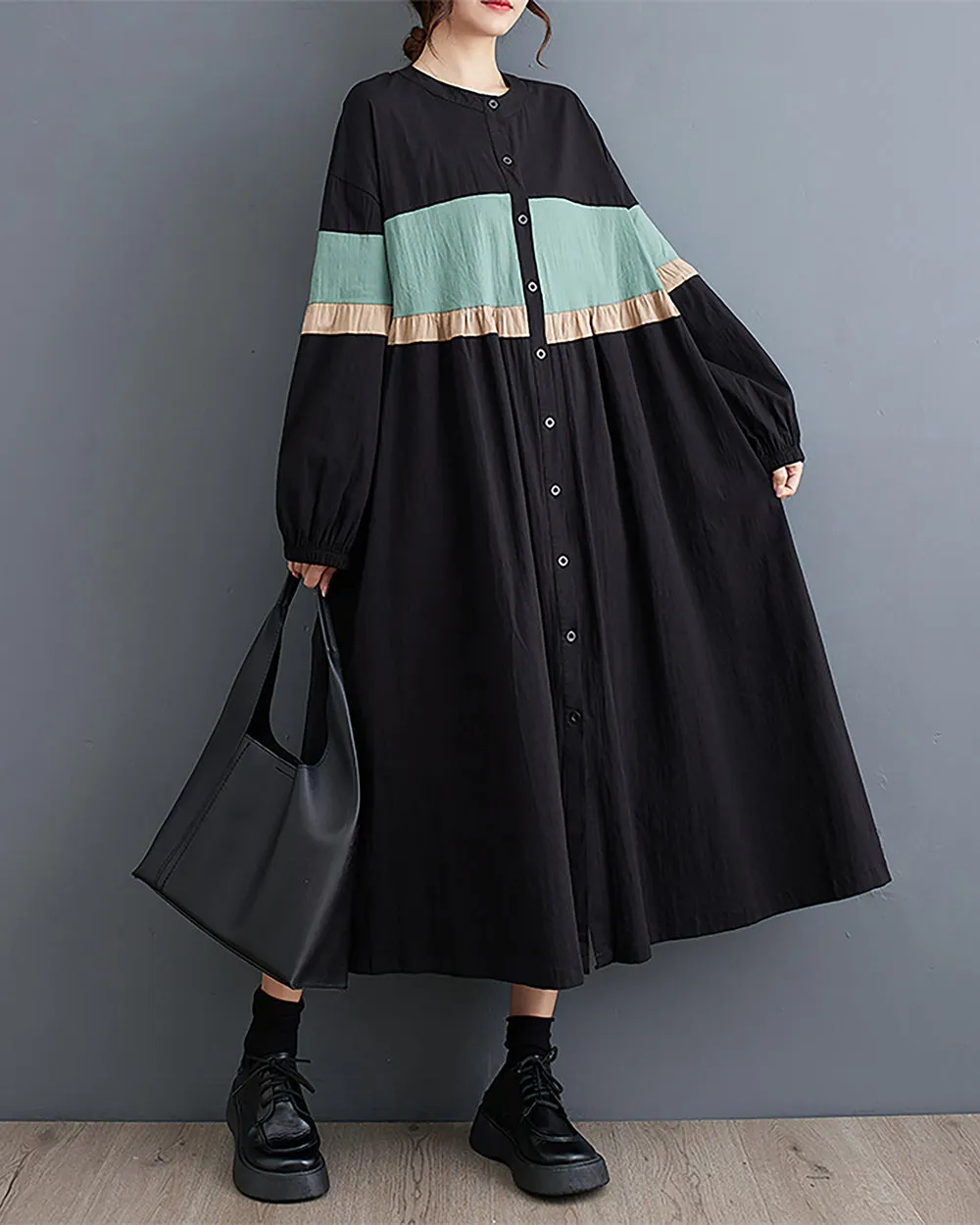 ellazhu Women's Dress Crewneck Button Down Long Sleeve Color Block Flowy Hem Below Knee Loose Oversize GZ275