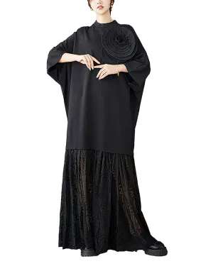 ellazhu Women's Dress Crewneck Long Sleeve Flower Patchwork See Through Lace Flowy Hem Loose GZ327