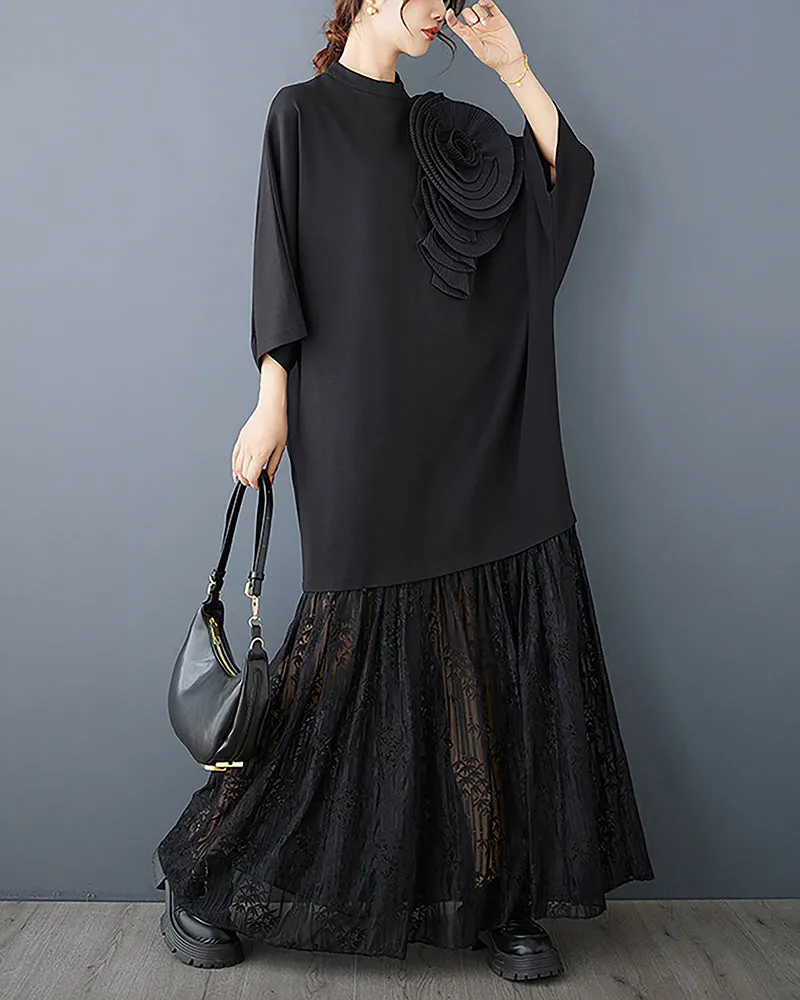 ellazhu Women's Dress Crewneck Long Sleeve Flower Patchwork See Through Lace Flowy Hem Loose GZ327