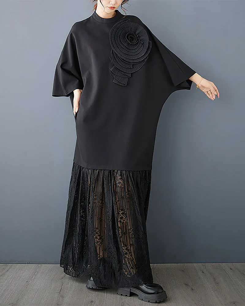 ellazhu Women's Dress Crewneck Long Sleeve Flower Patchwork See Through Lace Flowy Hem Loose GZ327