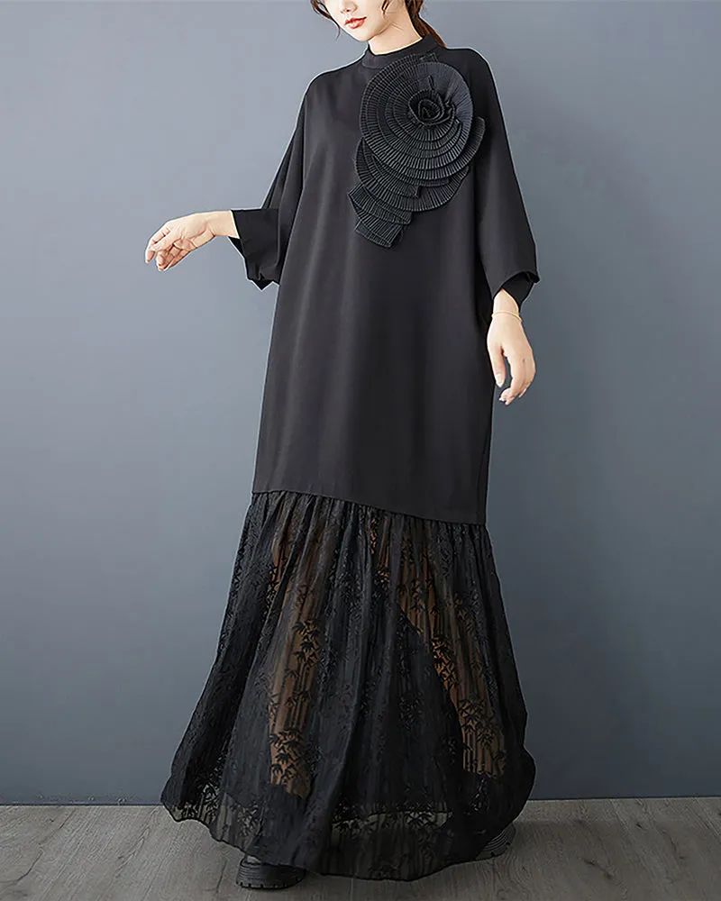 ellazhu Women's Dress Crewneck Long Sleeve Flower Patchwork See Through Lace Flowy Hem Loose GZ327