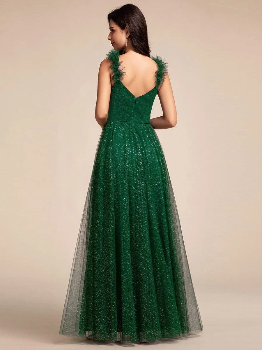 Embellished Shoulders Pleated Tulle Glitter Bridesmaid Dress
