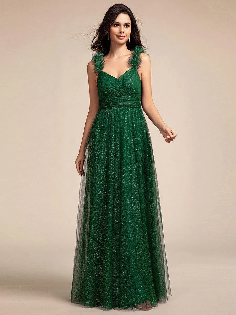 Embellished Shoulders Pleated Tulle Glitter Bridesmaid Dress