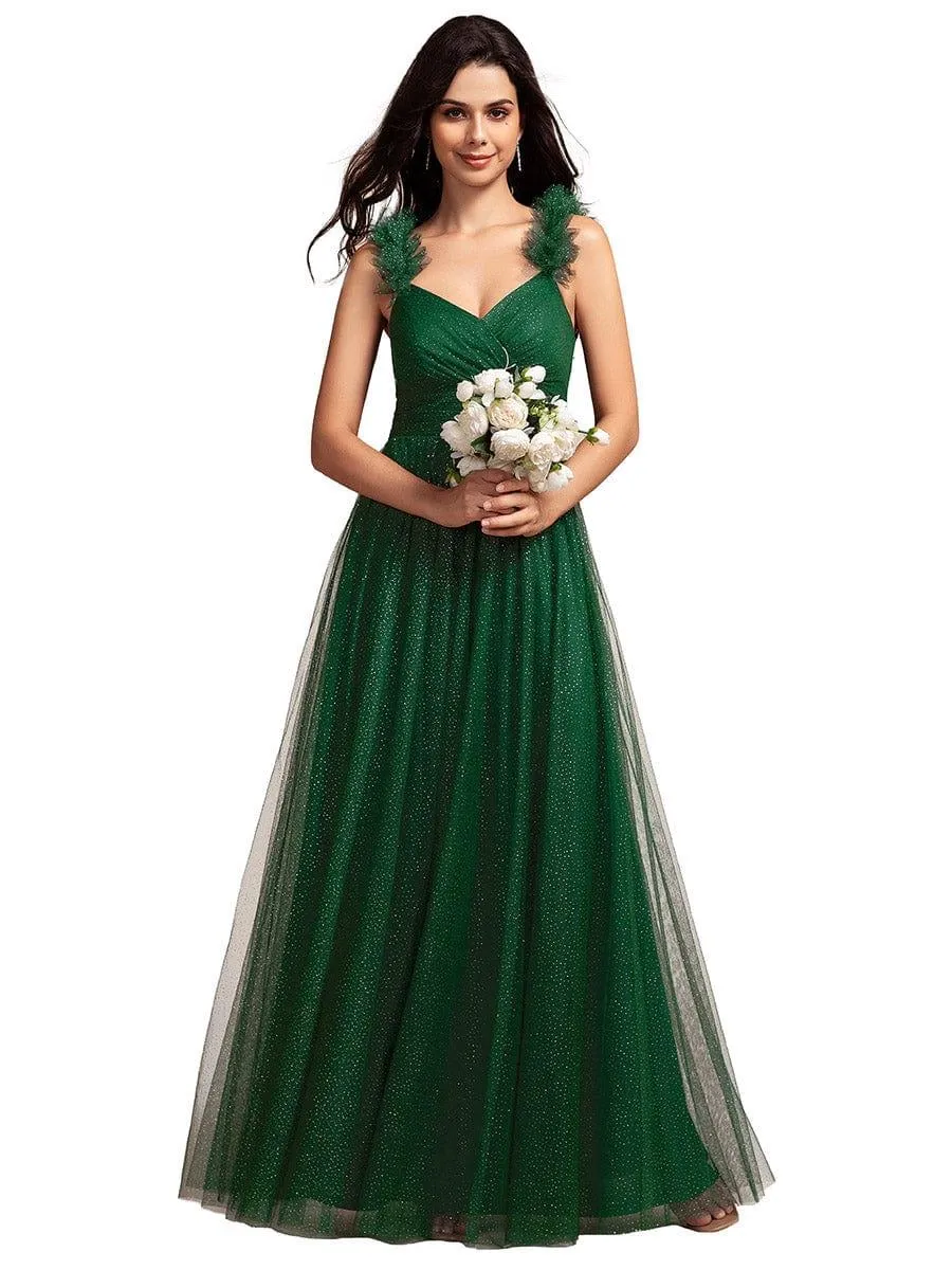 Embellished Shoulders Pleated Tulle Glitter Bridesmaid Dress