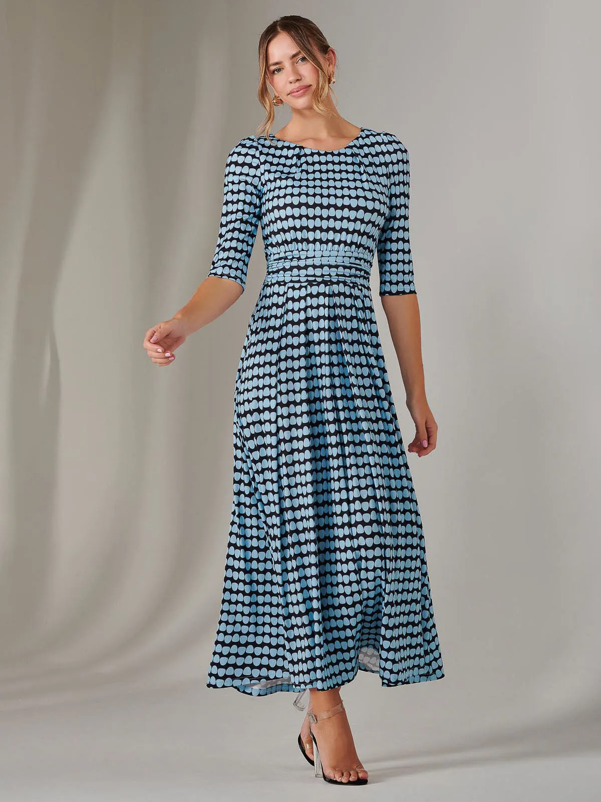 Enya 3/4 Sleeve Jersey Midaxi Dress, Blue Geo