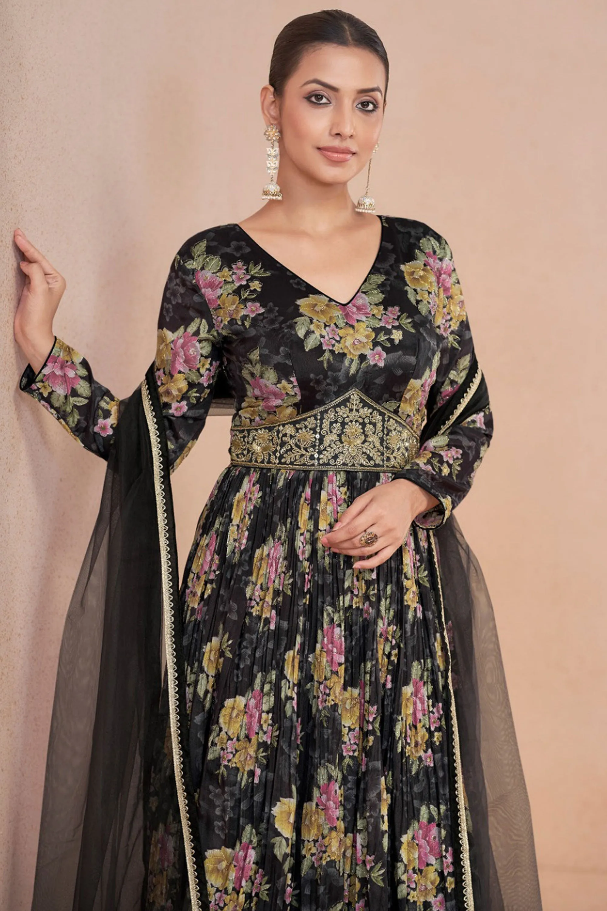 Excellent Black Color Georgette Anarkali Suit With Floral Printed Work
