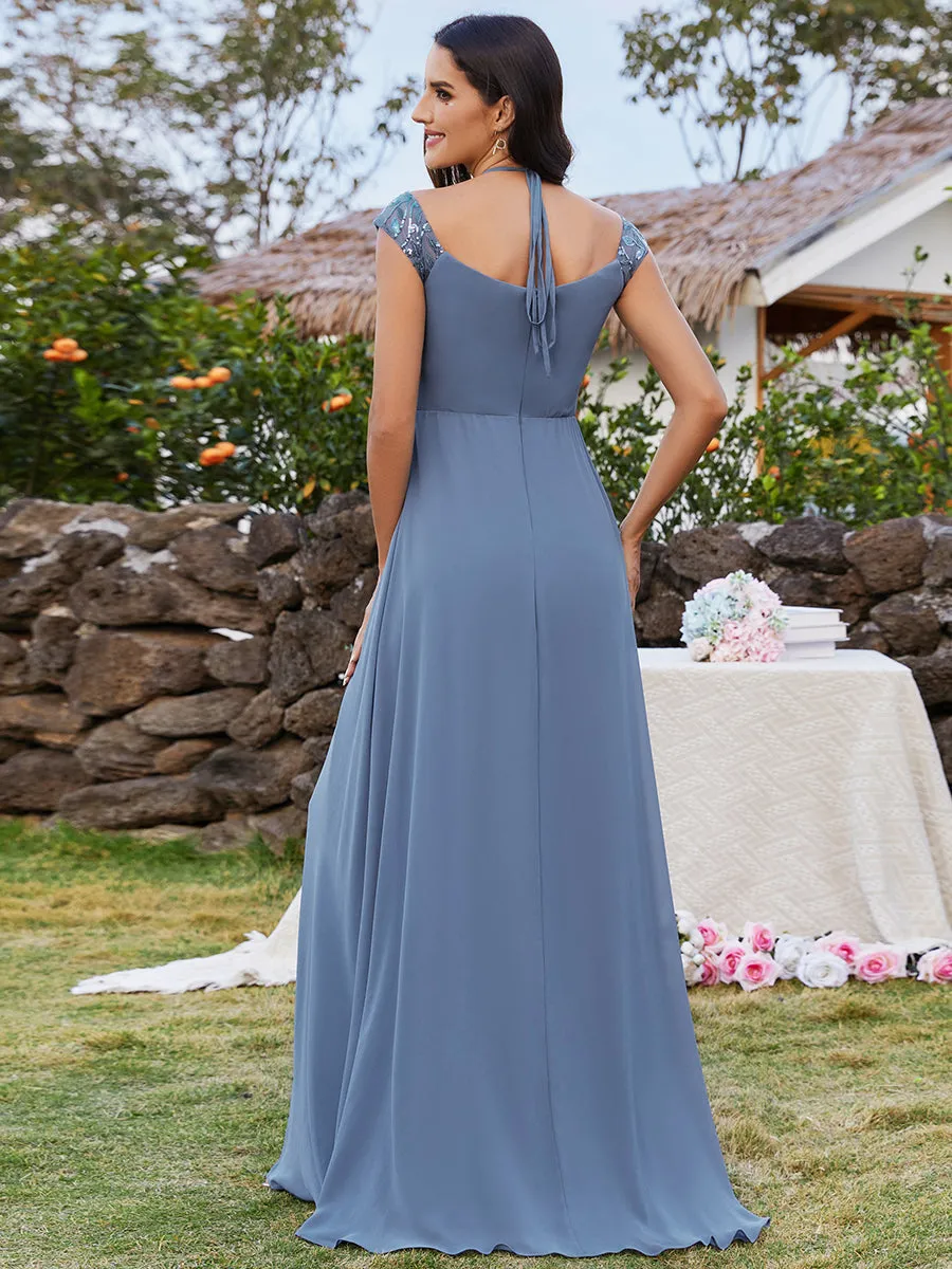 Exquisite Bandage Off Shoulder Spaghetti Strap Evening Chiffon Bridesmaid Dresses with Asymmetrical Embroidery