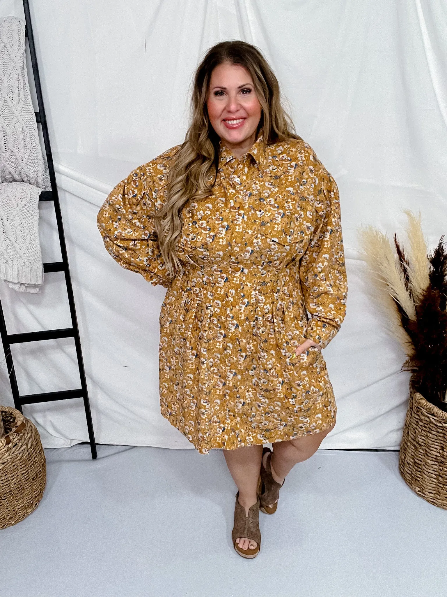 Floral Corduroy Tucked Waist Shirt Dress FINAL SALE