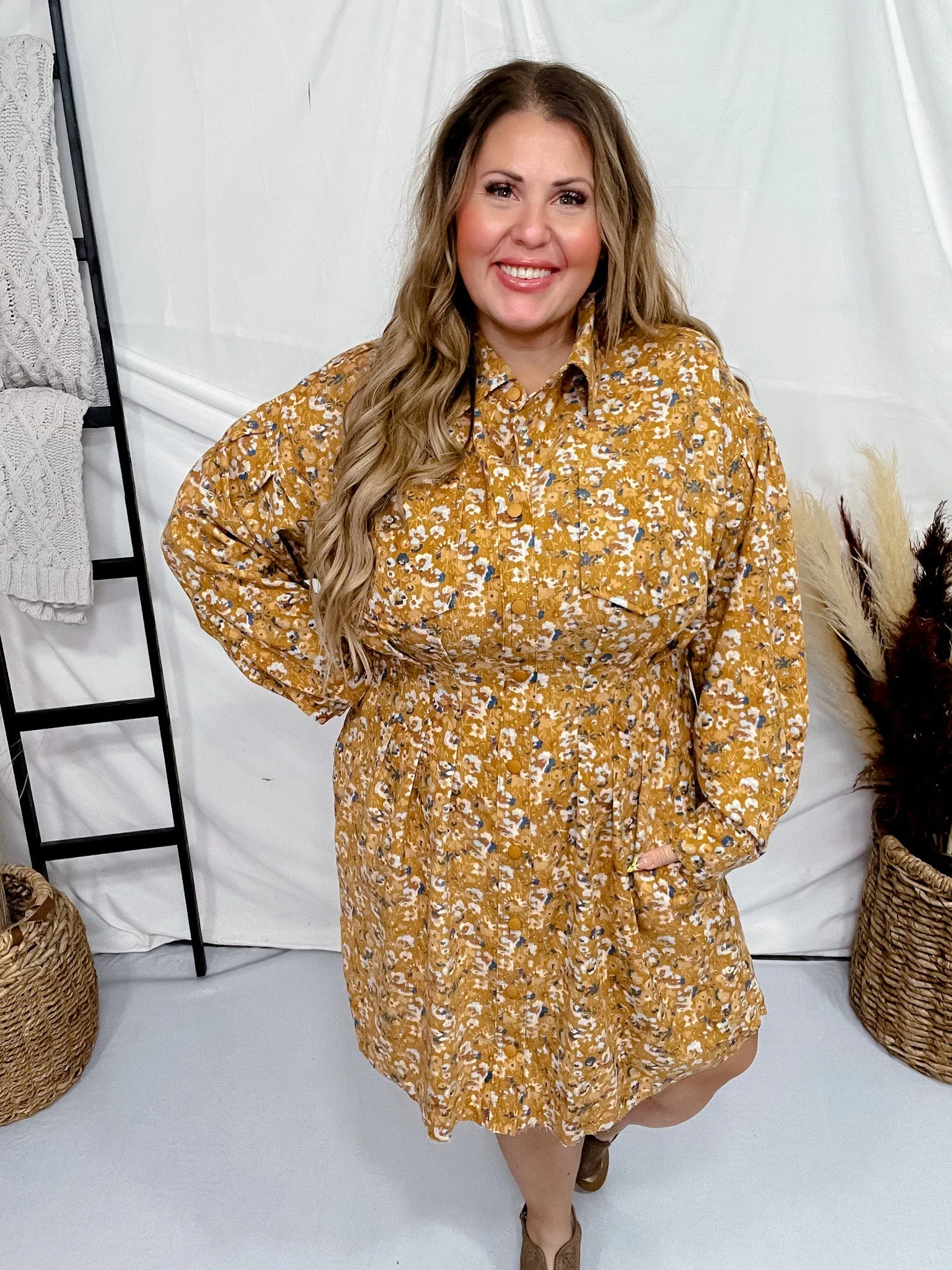 Floral Corduroy Tucked Waist Shirt Dress FINAL SALE