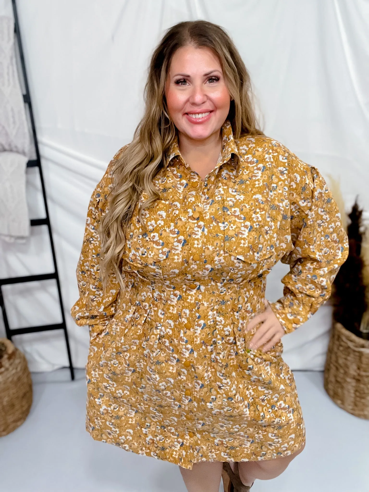 Floral Corduroy Tucked Waist Shirt Dress FINAL SALE