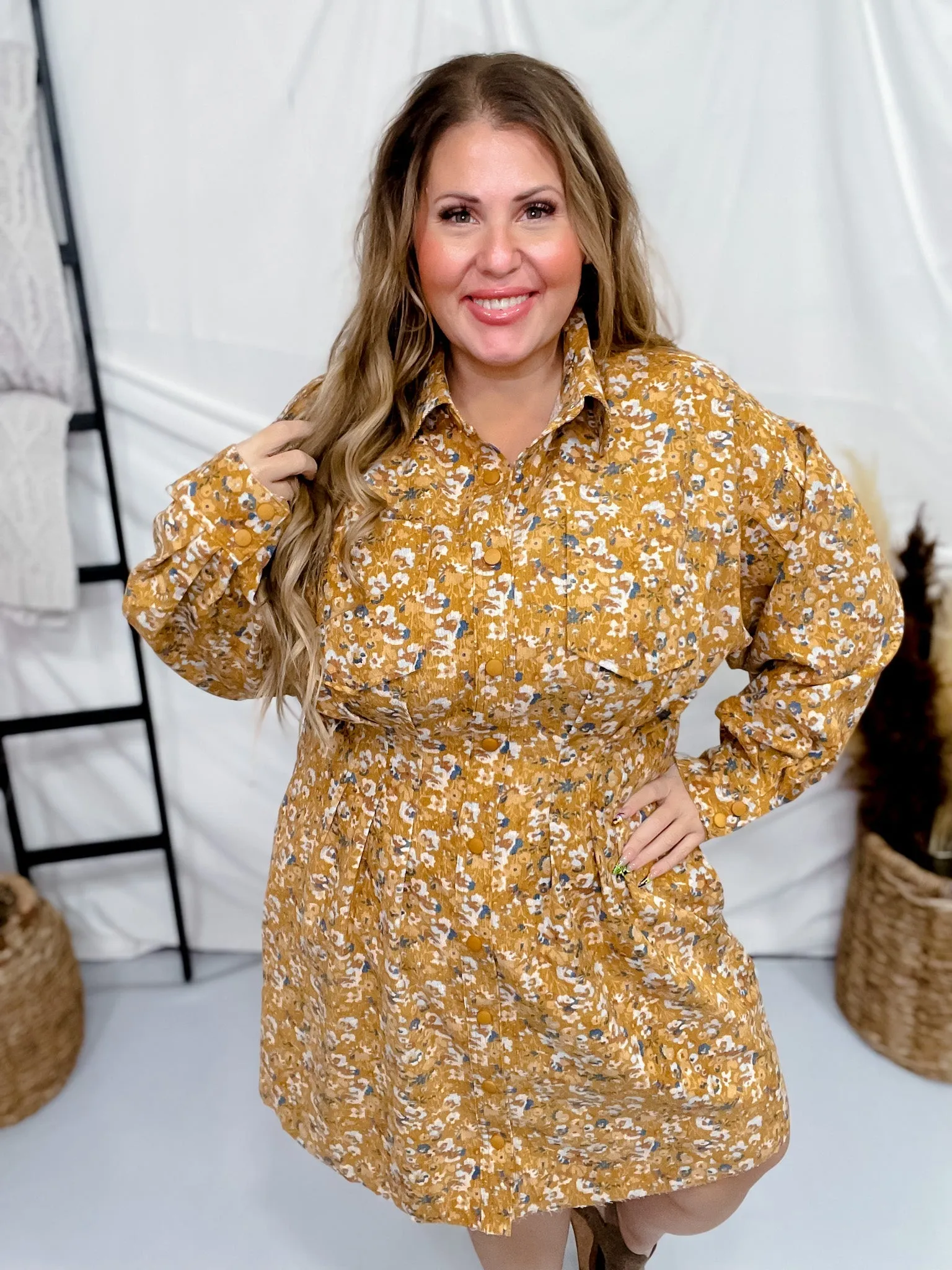 Floral Corduroy Tucked Waist Shirt Dress FINAL SALE