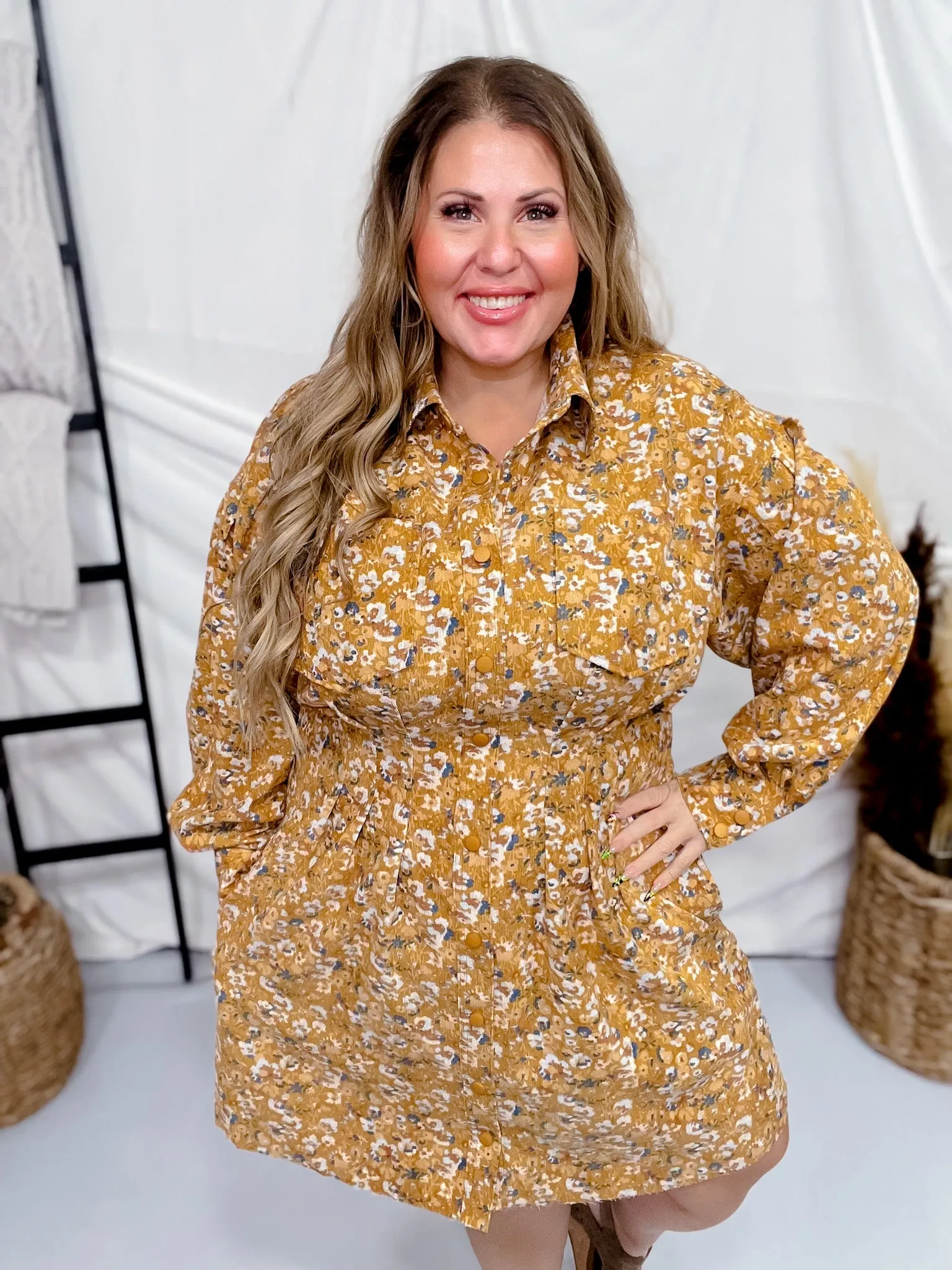 Floral Corduroy Tucked Waist Shirt Dress FINAL SALE