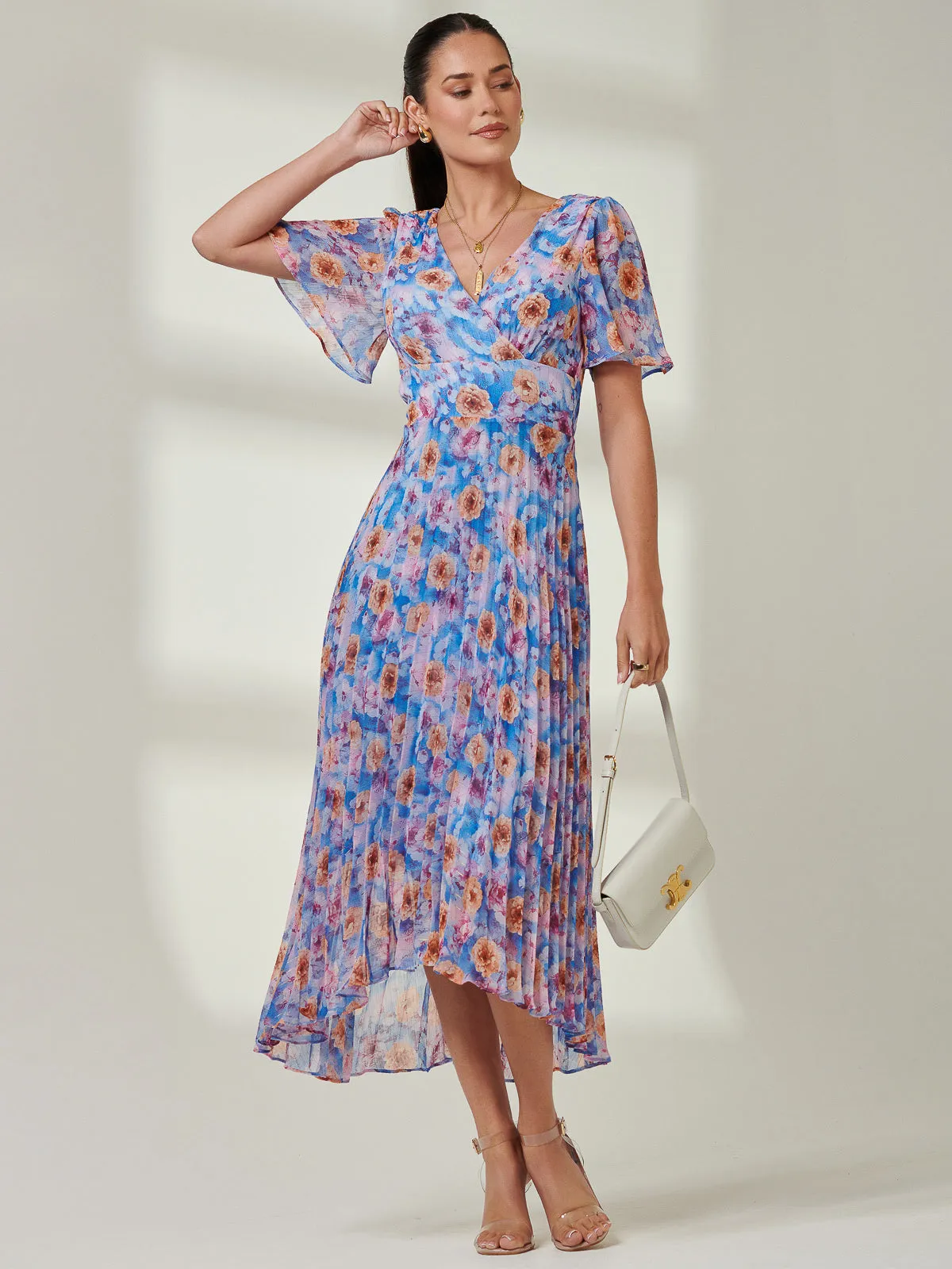 Floral Pleated Chiffon Dip Hem Dress, Blue Multi